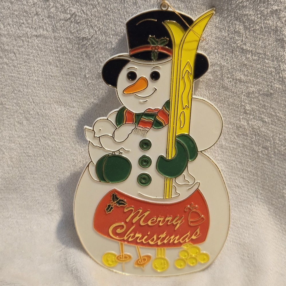 VTG‎ Snowman Suncatcher Christmas Plastic Stained Glass Skis Merry Christmas